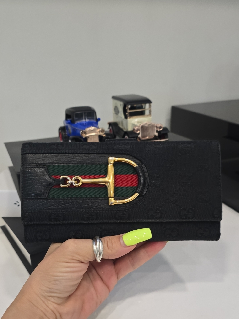Gucci Black Wallet with Green & Red Web and Gold Buckle